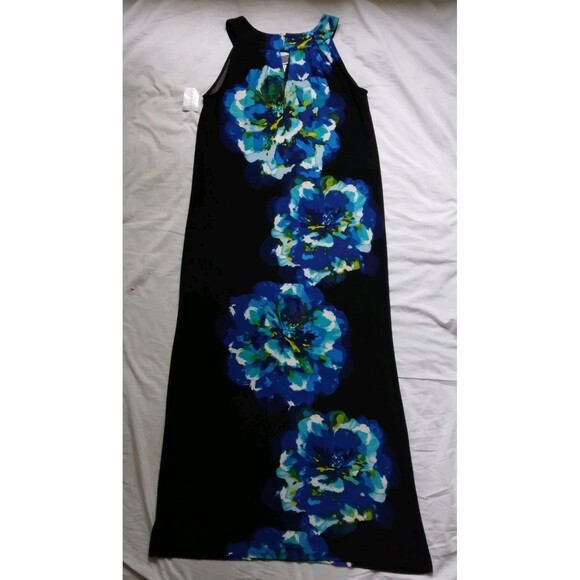 Catherines Maxi Dress Black Blue Floral Sleeveless Stretch Tropical  Womens 0X - Picture 6 of 9